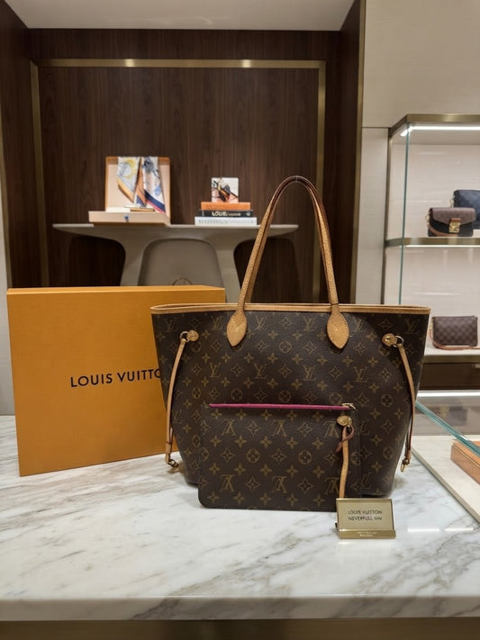 Louis Vuitton Monogram Neverfull MM Tote Bag Pivoine Pink Interior with Pouch & Box Microchipped