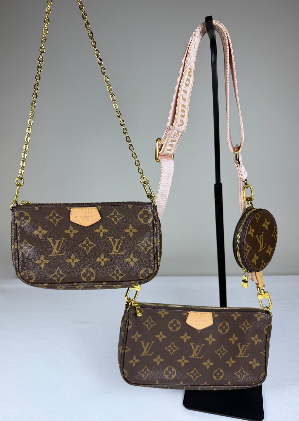 Louis Vuitton Monogram Multi Pochette Accessoires Crossbody Bag - Pink Jacquard Strap & Gold Hardware Set