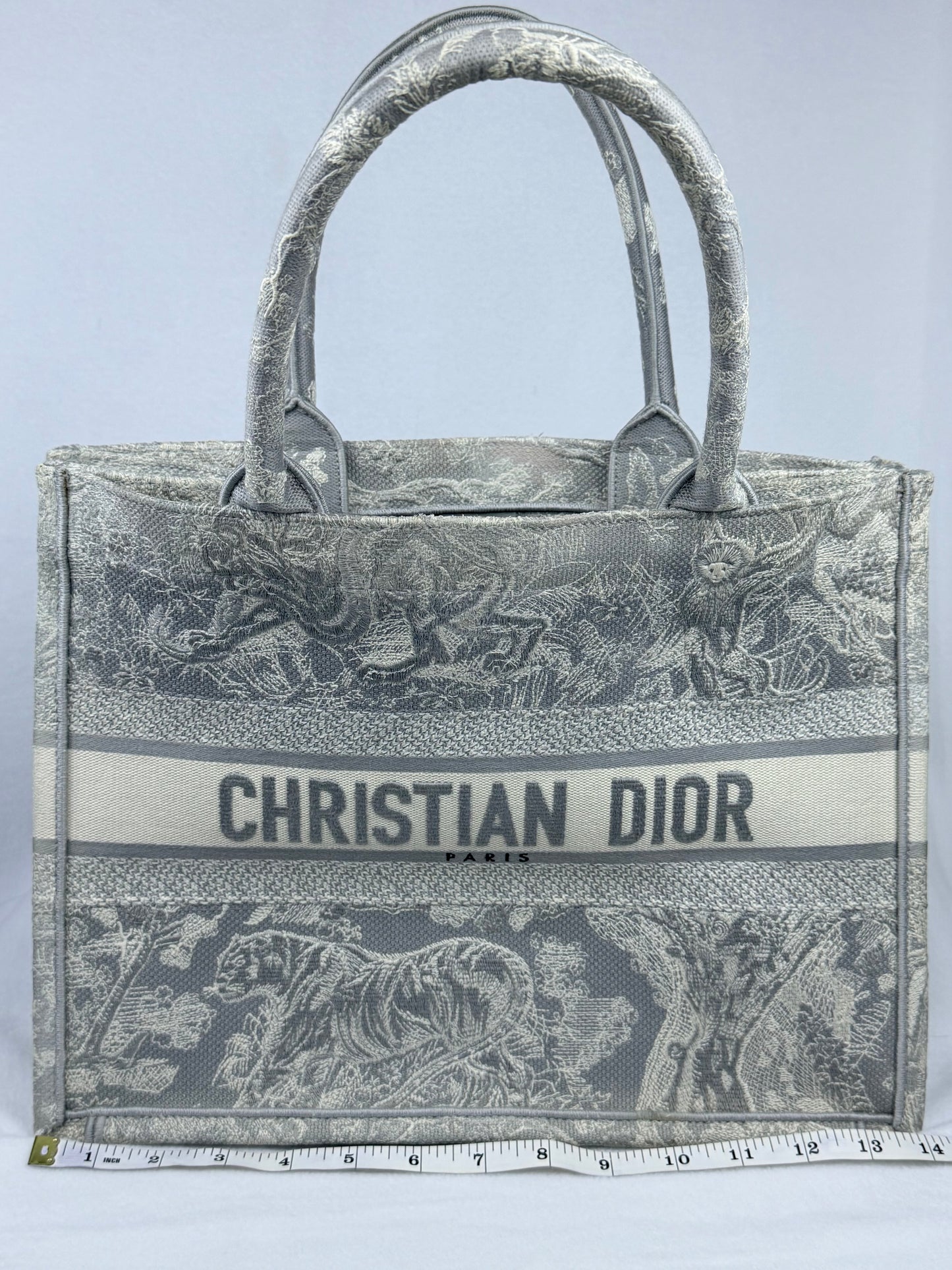 Christian Dior Medium Grey Mizza Embroidered Toile de Jouy Book Tote Bag