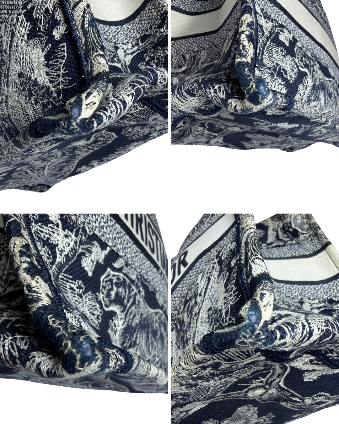 A close-up collage of four panels showing the fabric corner details of a navy blue and white printed textile, featuring a classic toile-style illustration with a tiger and text.