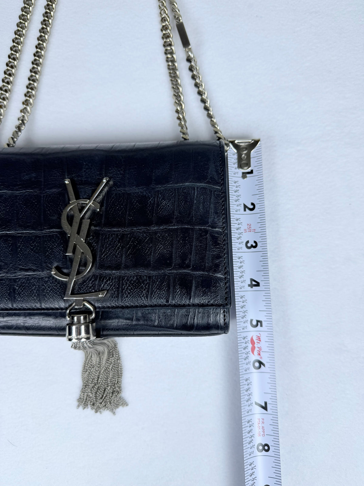 Saint Laurent YSL Kate Small Tassel Chain Shoulder Bag Croc-Embossed Black Leather Silver Hardware
