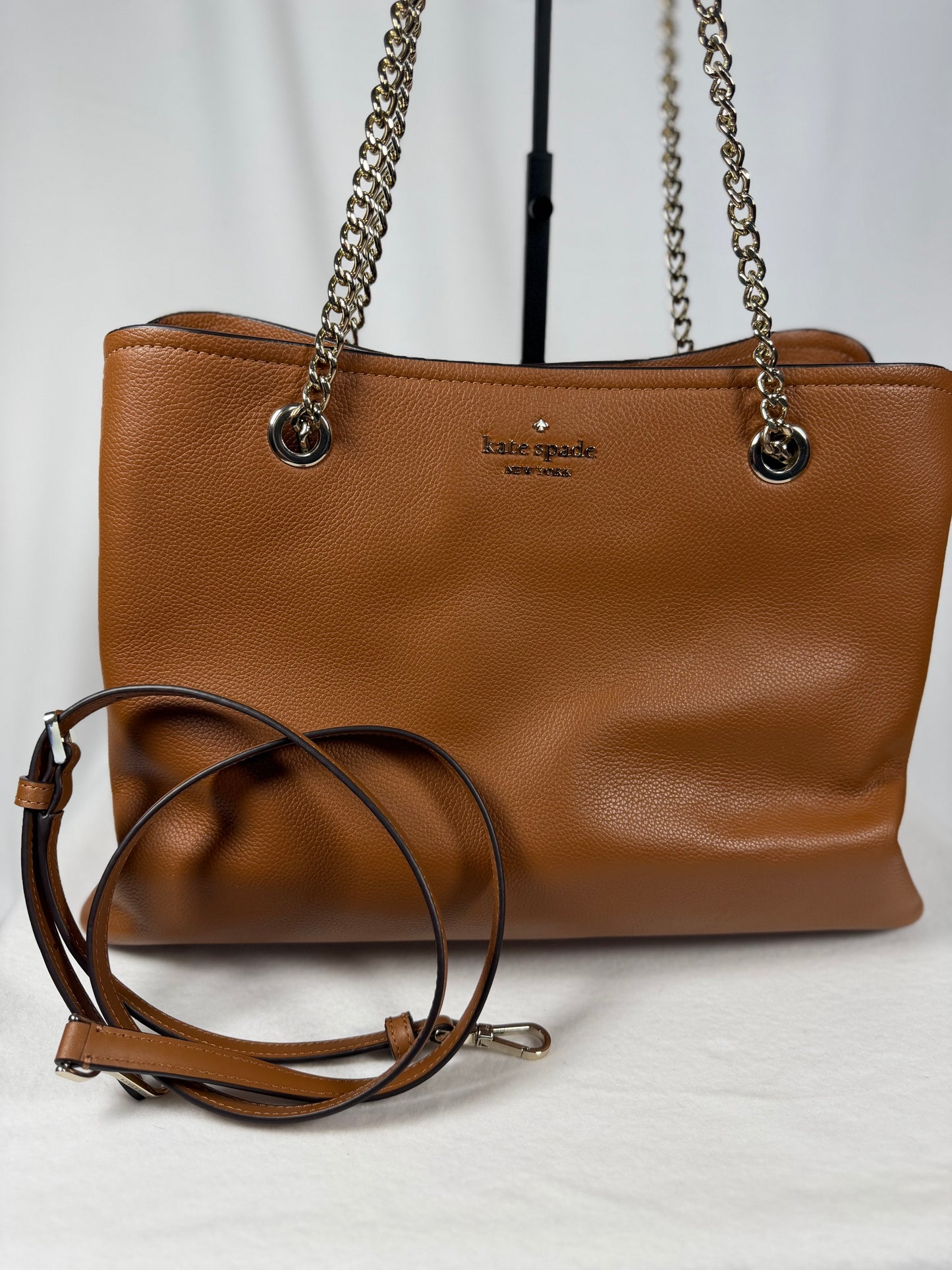 Kate Spade New York Brown Pebbled Leather Chain Strap Tote Bag with Long Strap