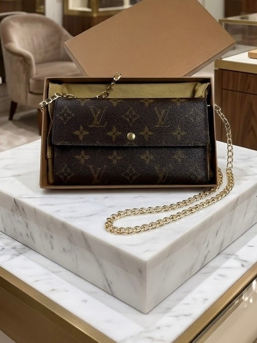 Louis Vuitton Monogram Sarah Wallet with Box & Dust bag, Unbranded Chain