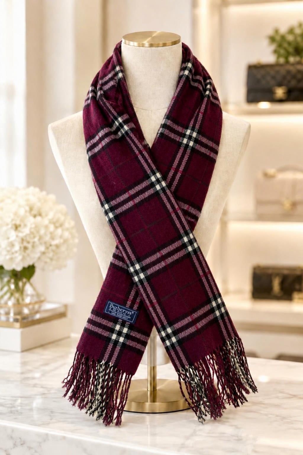 Burberrys of London Burgundy Plaid Vintage Scarf 100% Lambswool Made in England