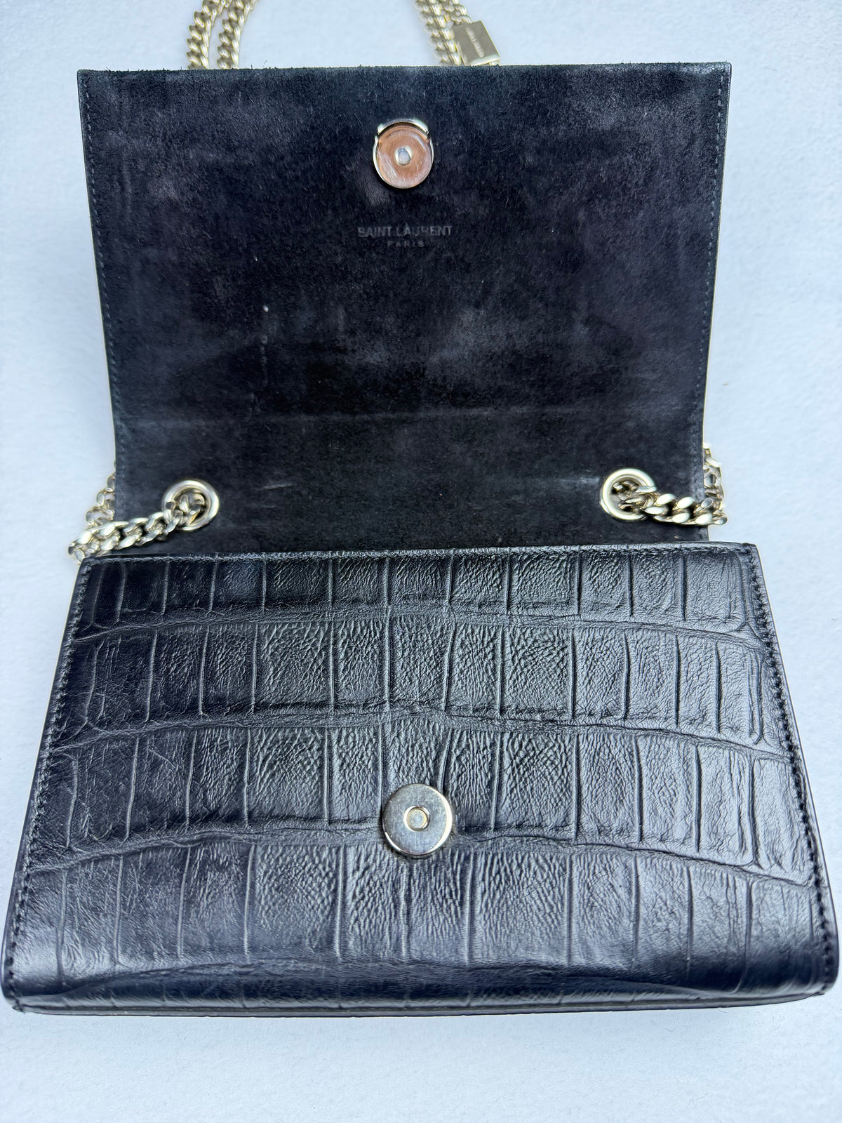 Saint Laurent YSL Kate Small Tassel Chain Shoulder Bag Croc-Embossed Black Leather Silver Hardware