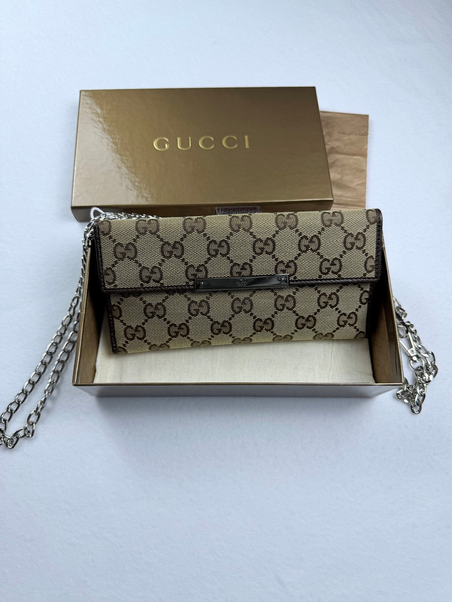 Gucci Monogram GG Canvas Continental Long Wallet Brown Leather Metal Bar W/ Box & Unbranded Silver Chain