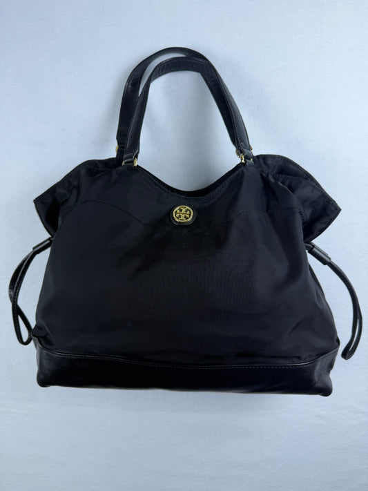 Tory Burch Black Nylon & Leather Drawstring Tote Shoulder Bag Gold Hardware