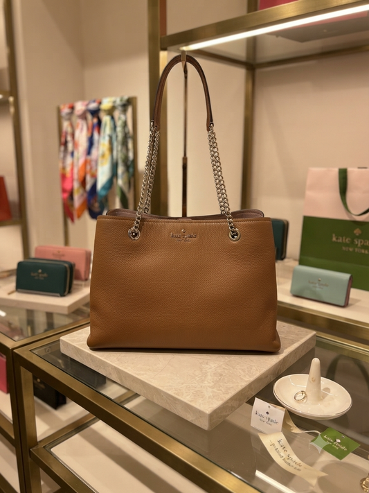 Kate Spade New York Brown Pebbled Leather Chain Strap Tote Bag with Long Strap