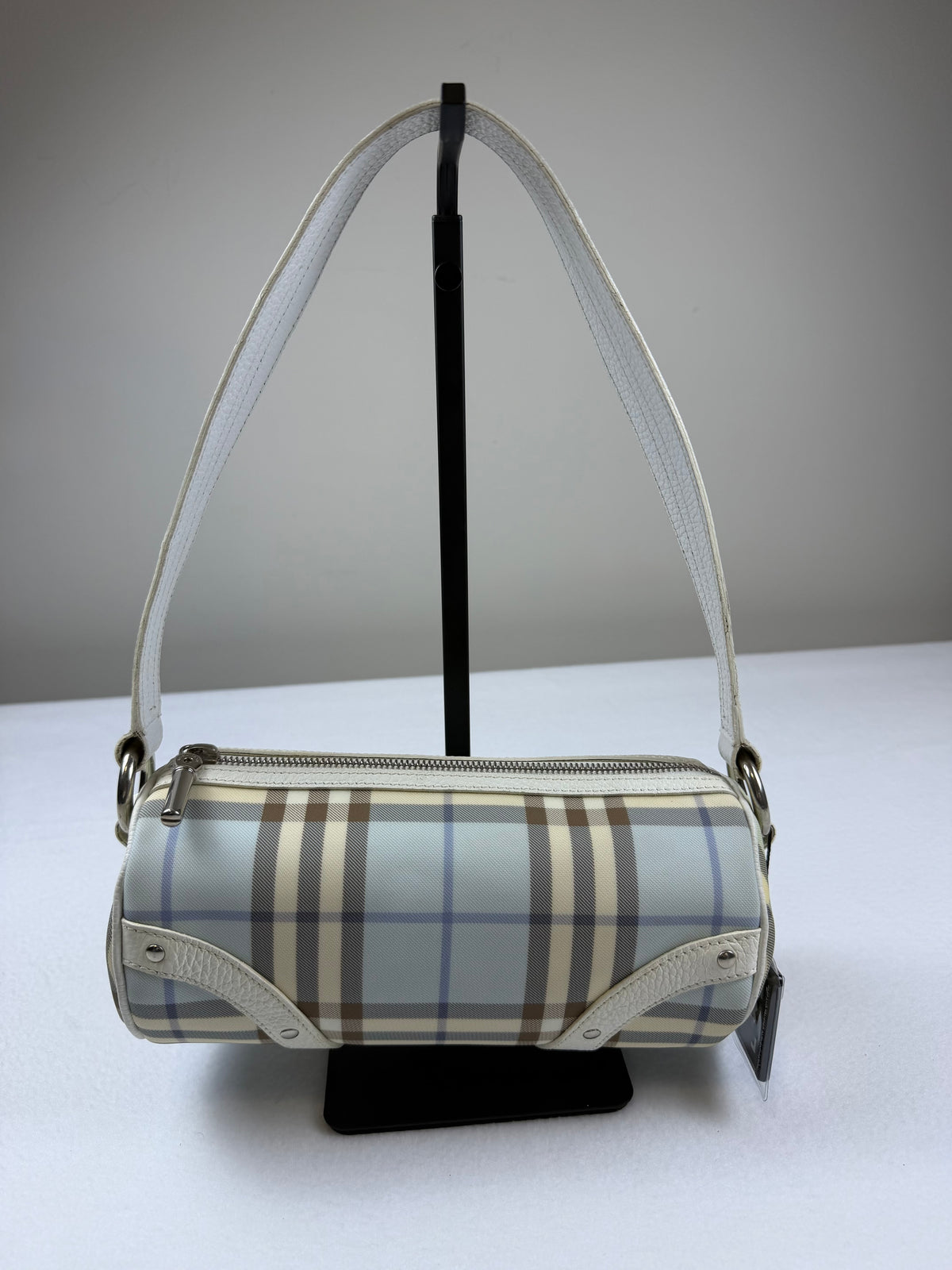 Authentic Vintage Burberry Blue Check Canvas White Leather Barrel Shoulder Bag