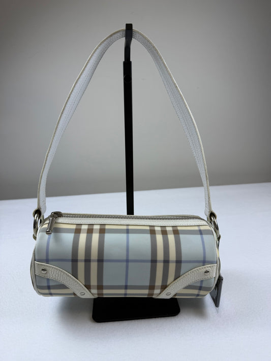 Authentic Vintage Burberry Blue Check Canvas White Leather Barrel Shoulder Bag