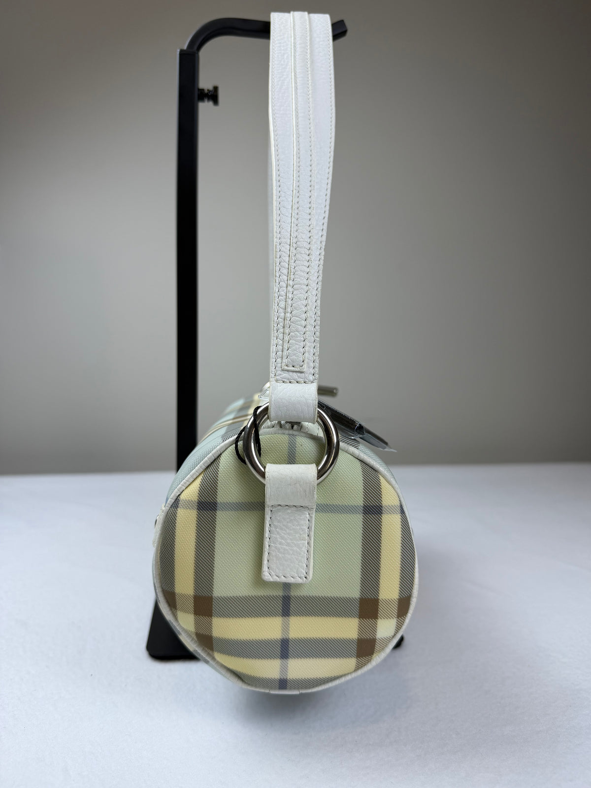 Authentic Vintage Burberry Blue Check Canvas White Leather Barrel Shoulder Bag