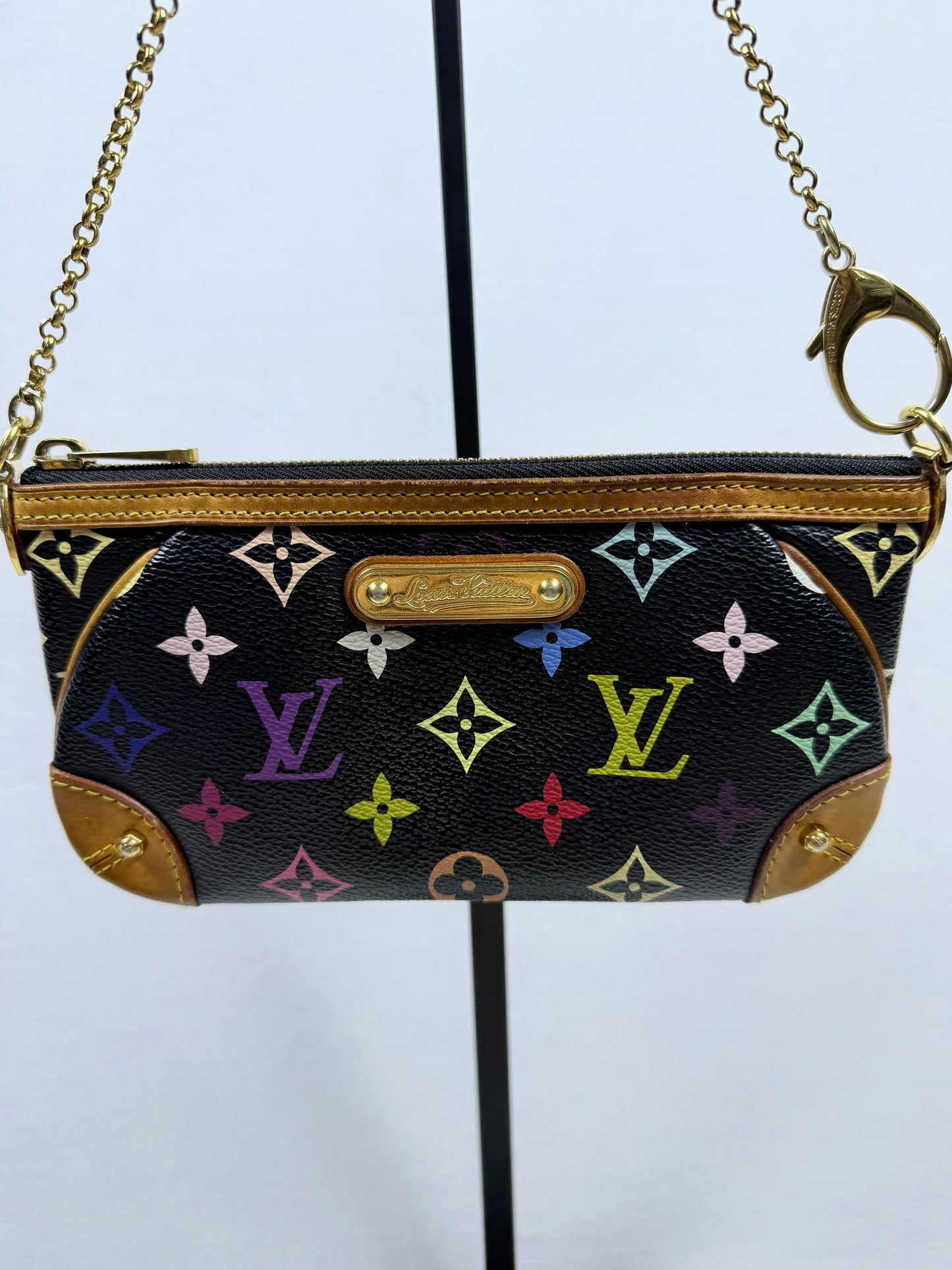 Louis Vuitton Monogram Multicolore Murakami Black Milla Pochette MM Chain Clutch w/ Entrupy COA