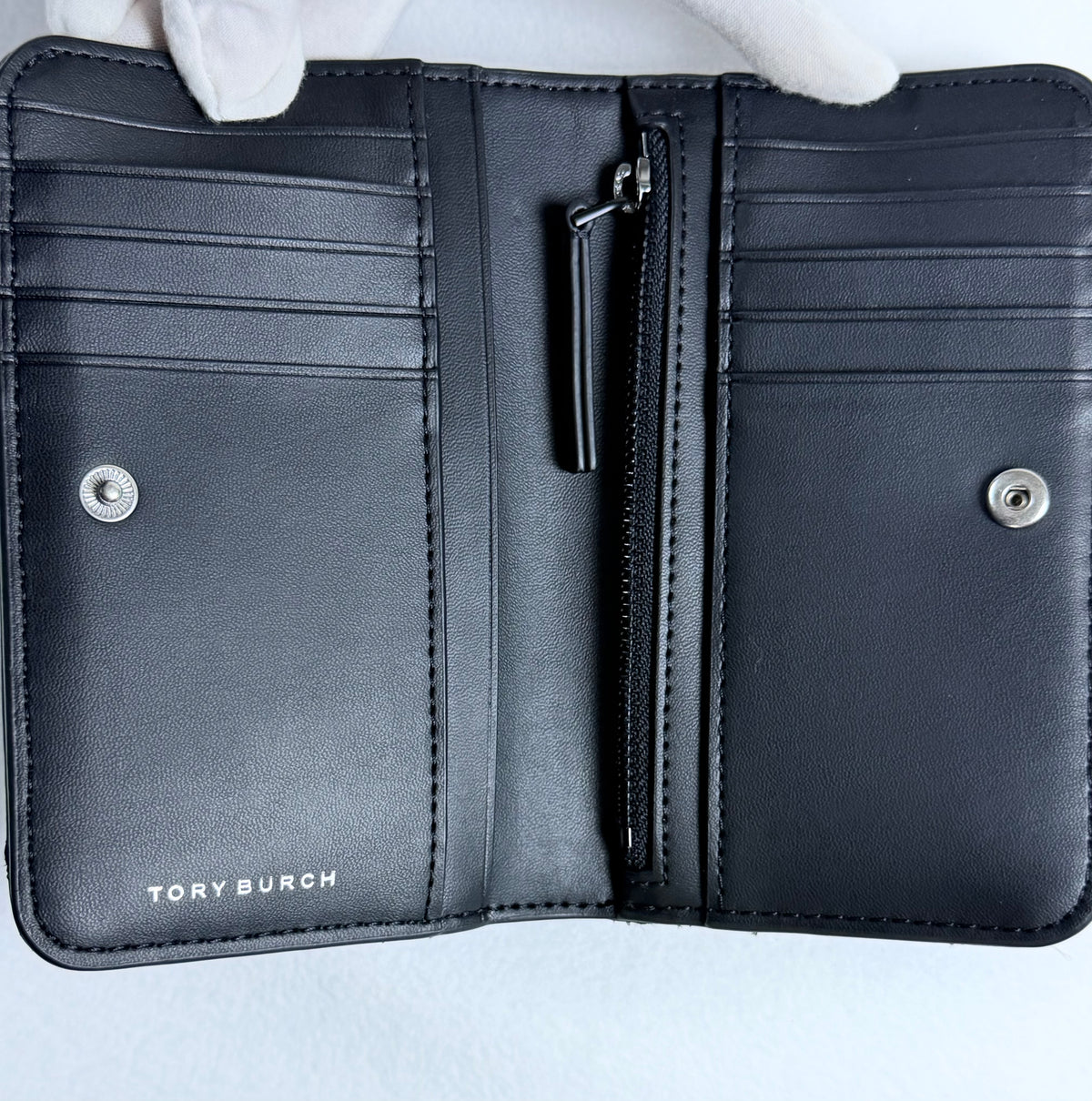Tory Burch Black Quilted Diamond Logo Medium Flap Wallet Card Holder Zip Pocket