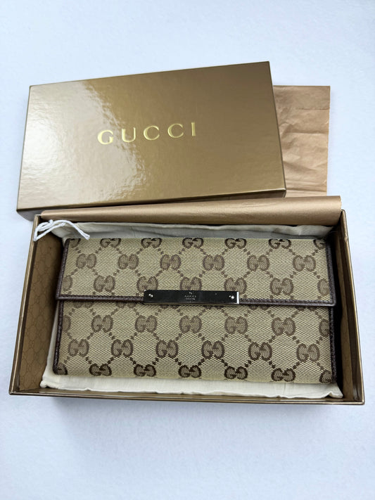 Gucci Monogram GG Canvas Continental Long Wallet Brown Leather Metal Bar W/ Box & Unbranded Silver Chain
