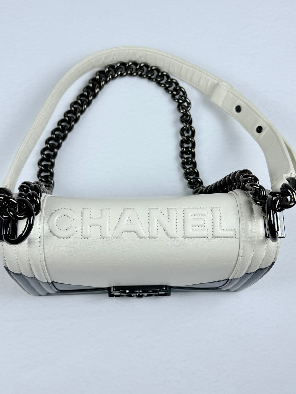 Authentic Chanel Boy Handbag Black & White Leather Ruthenium Hardware