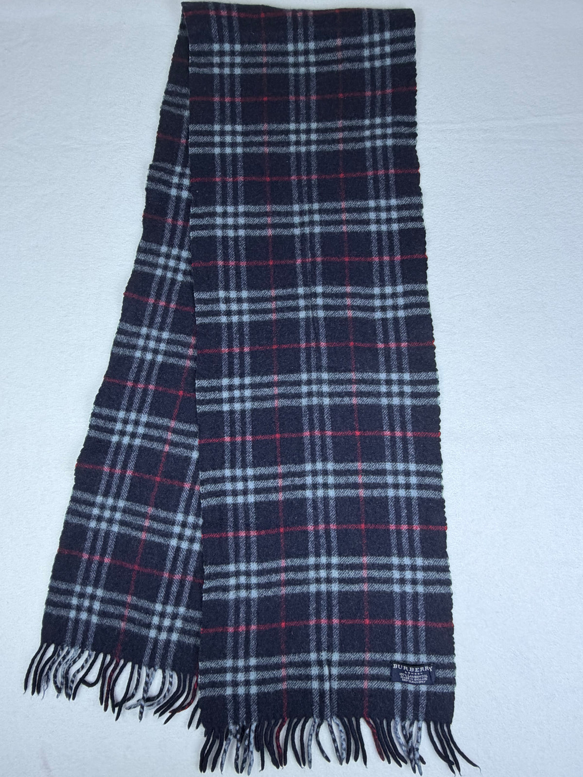 SOLD Burberry London Navy Blue Plaid Vintage Scarf 100% Lambswool Made in England