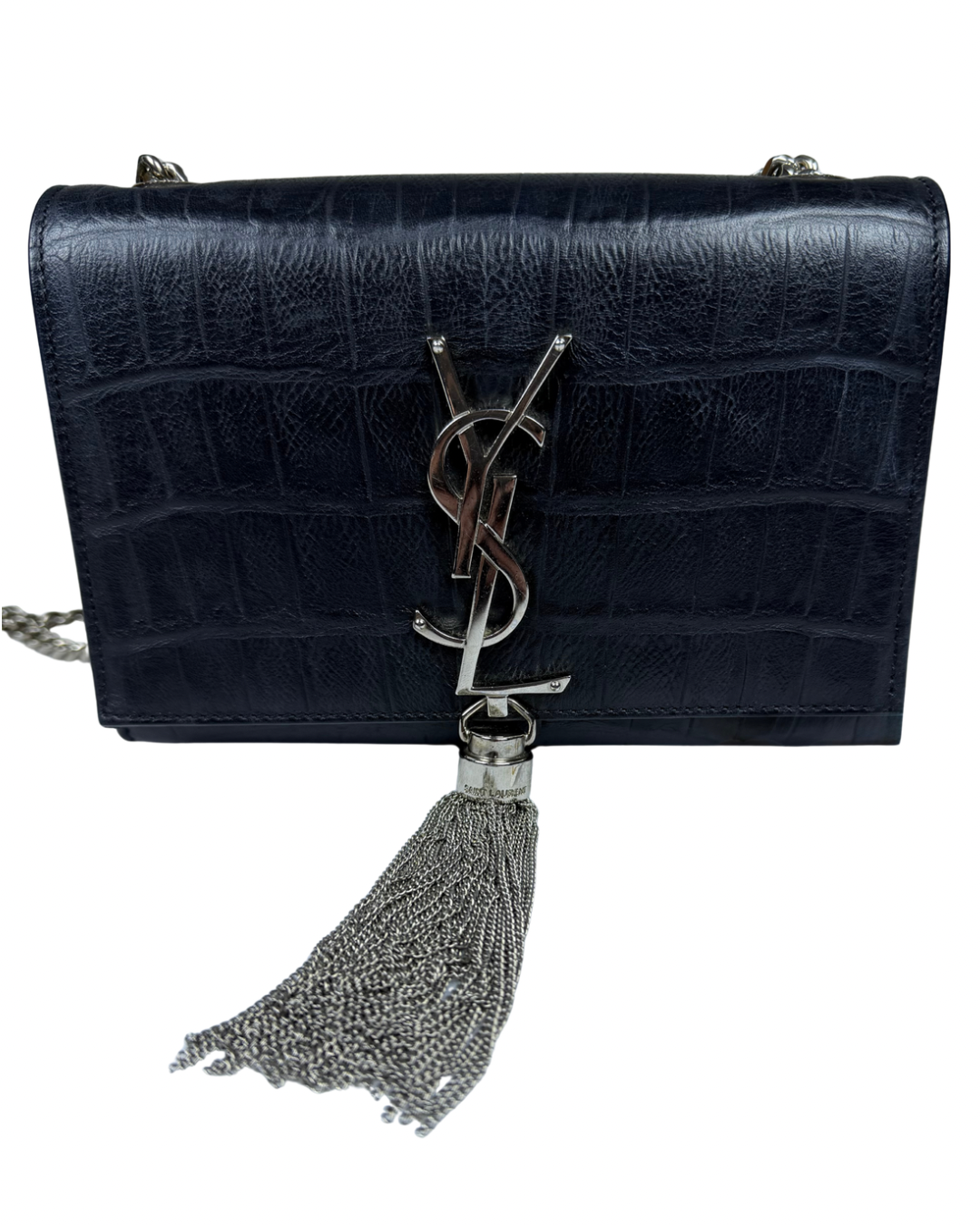 Saint Laurent YSL Kate Small Tassel Chain Shoulder Bag Croc-Embossed Black Leather Silver Hardware