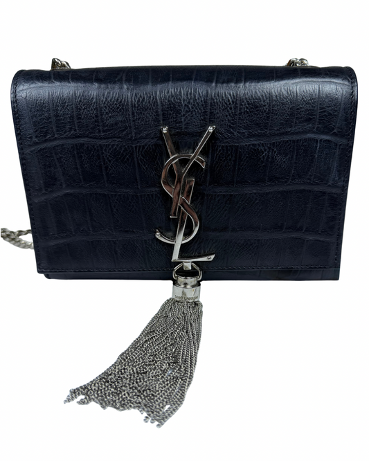 Saint Laurent YSL Kate Small Tassel Chain Shoulder Bag Croc-Embossed Black Leather Silver Hardware