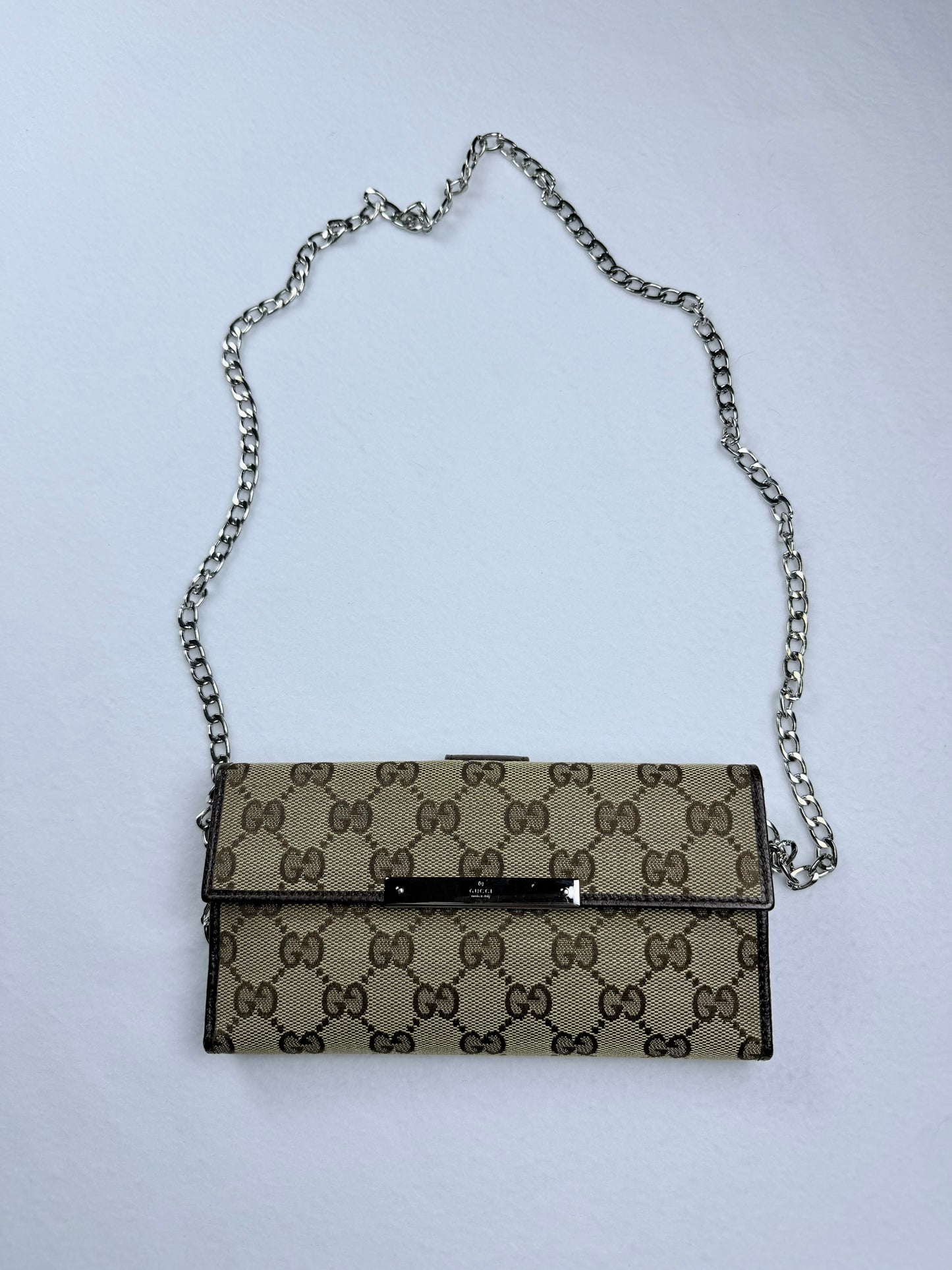 Gucci Monogram GG Canvas Continental Long Wallet Brown Leather Metal Bar W/ Box & Unbranded Silver Chain