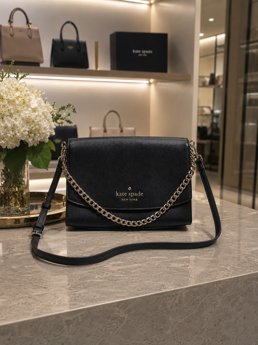 Kate Spade Black Leather Crossbody with Light Champagne Gold Chain Accent