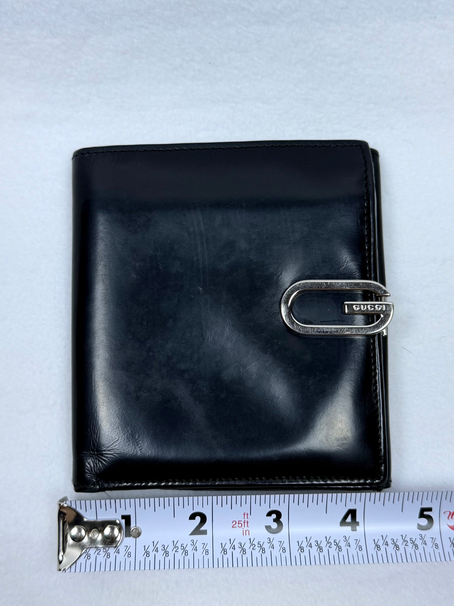 Gucci Vintage Black Leather Compact Wallet w/ G Clasp, Silver Hardware & Entrupy COA