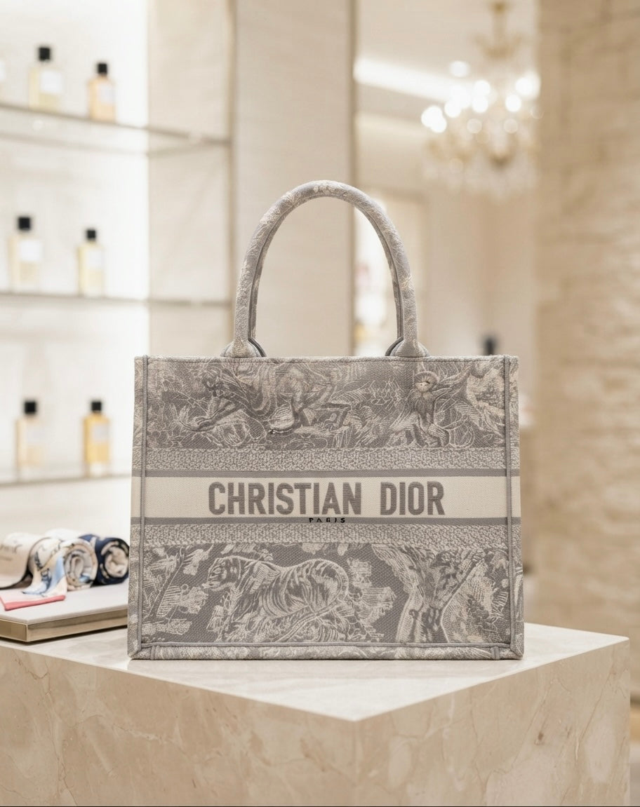 Christian Dior Medium Grey Mizza Embroidered Toile de Jouy Book Tote Bag