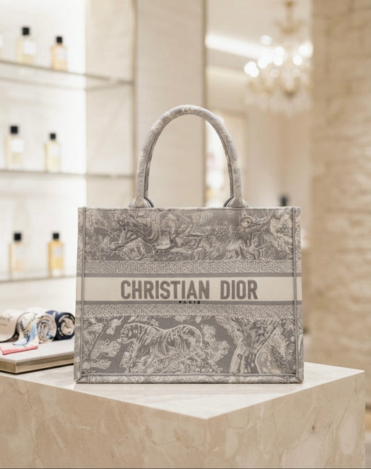 SOLD - Christian Dior Medium Grey Mizza Embroidered Toile de Jouy Book Tote Bag