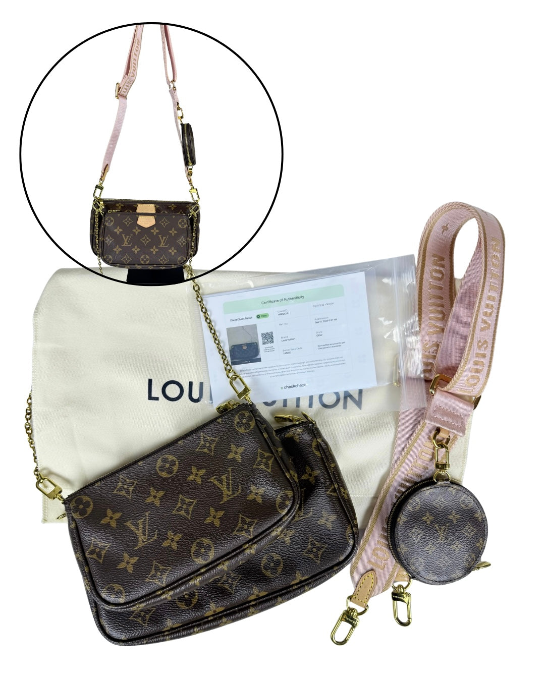 Louis Vuitton Monogram Multi Pochette Accessoires Crossbody Bag - Pink Jacquard Strap & Gold Hardware Set