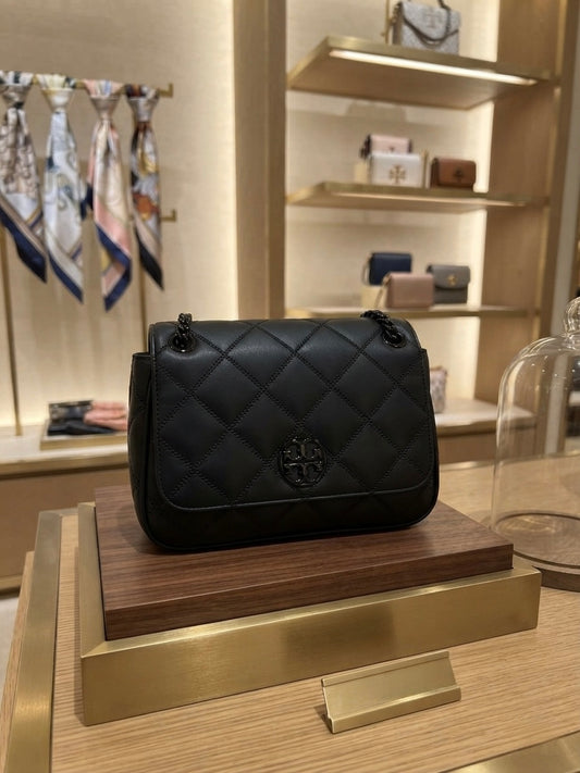 Tory Burch Black Quilted Leather Convertible Chain Shoulder Bag Crossbody Purse