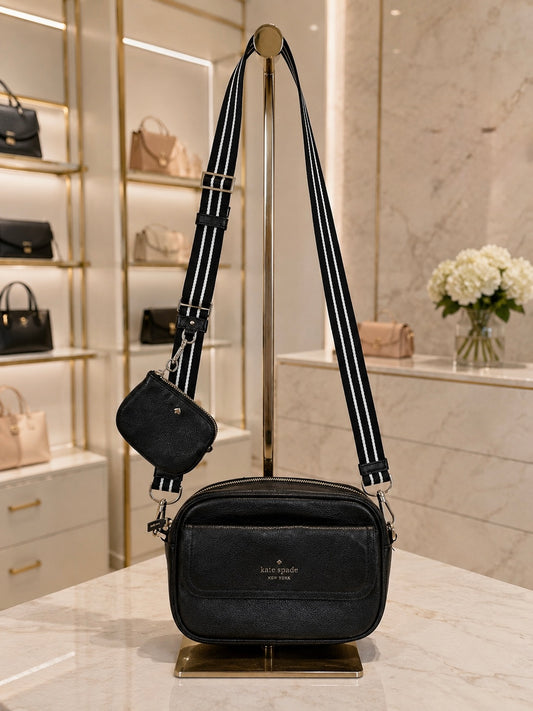 Kate Spade New York Black Pebbled Leather Camera Crossbody Bag & Strap Pouch