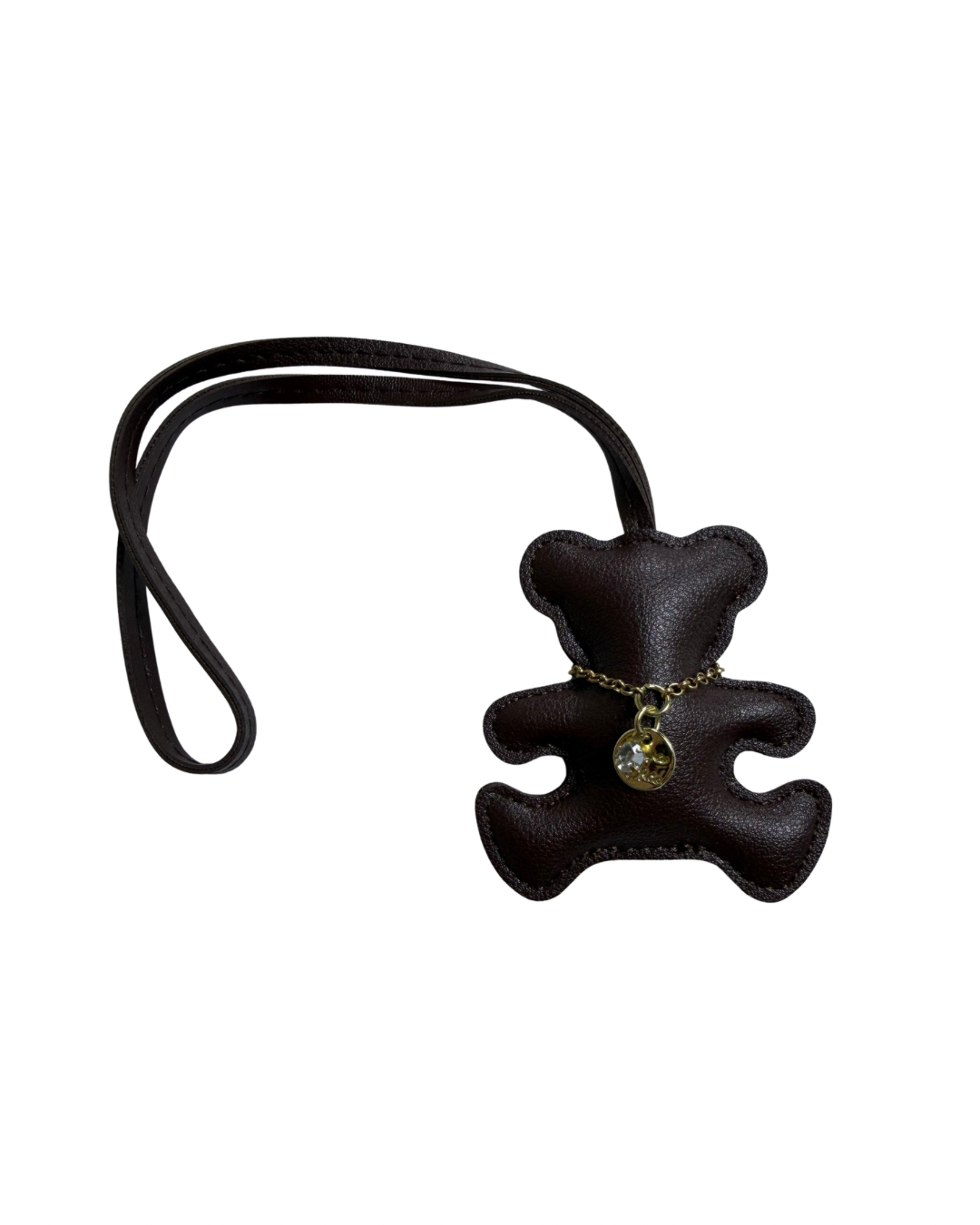 Leather Teddy Bear Bag Charm with Gold Crystal Necklace Accent