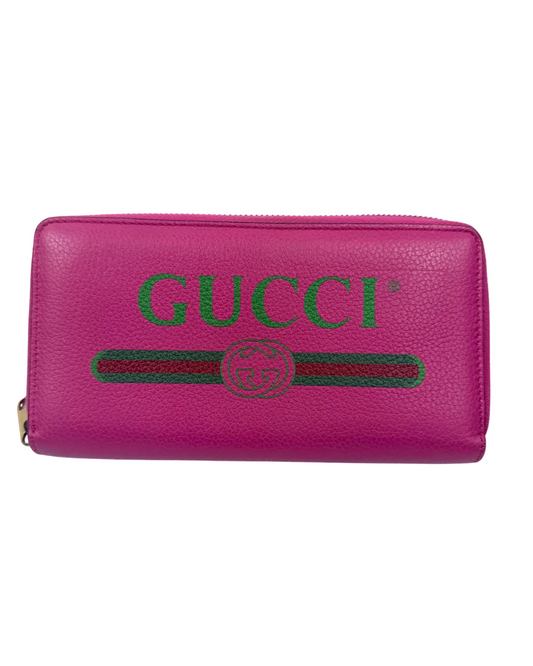 GUCCI Vintage Logo Pink Leather ZipAround Long Wallet Signature Stripe