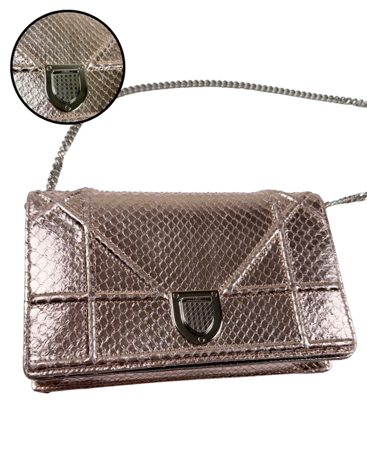 Christian Dior Rose Gold Python Diorama Promenade Pouch Chain Crossbody Bag RARE